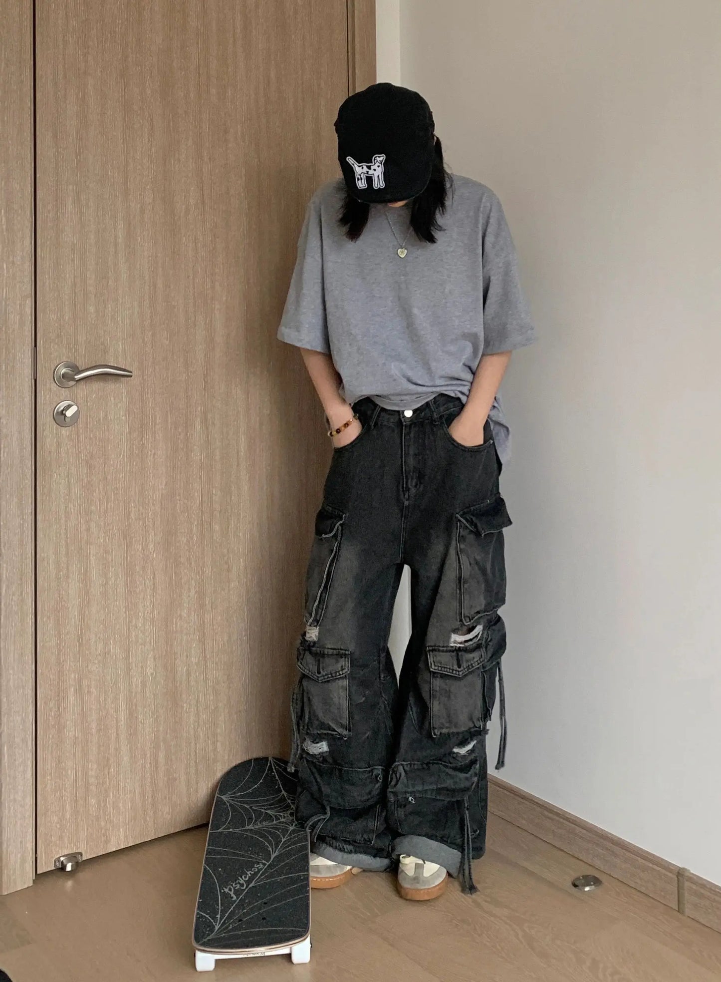 Women Jeans Pants Y2K High Street Heavy Washed Black Perforated Workwear Jeans For Women's Autumn And Winter Multi Pocket