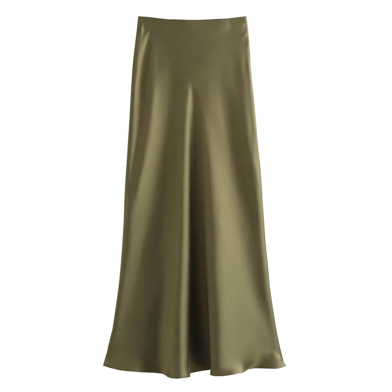 TRAF Women's Skirt Summer Elegant Satin Skirt Stylish Lady High Waist Skirts Cylinder Green Black Skirt Woman Office Street Wear