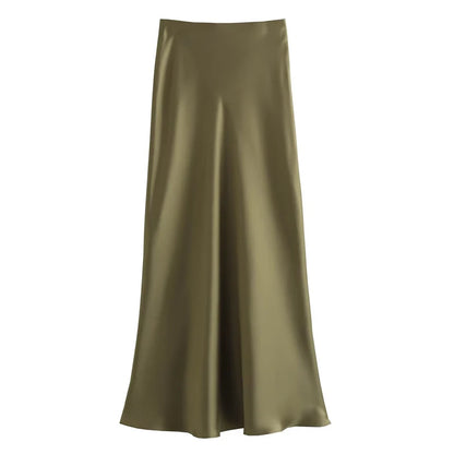 TRAF Women's Skirt Summer Elegant Satin Skirt Stylish Lady High Waist Skirts Cylinder Green Black Skirt Woman Office Street Wear
