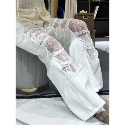 Washed Ripped Lace Denim Jeans for Women, Street Straight-leg Loose Wide-leg American Style Long Pants