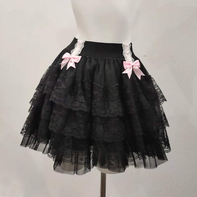 Pink Skirts for Sweet Girls Summer Bows Decoration Elastic Waist Lolita Style Multilayered Lace Skirt Kawaii Clothes
