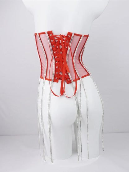 Women Tunic Bras In Waist Corset Tops Fashion Diamond Luxury Diamond Tassel Corset Slim Vest Sexy Tmesh Sheer Top Female 2025