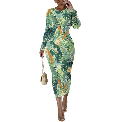 Date Night Dresses for Women Floral Print Crewneck Long Sleeve Stretchy Fitted Bodycon Maxi Dress