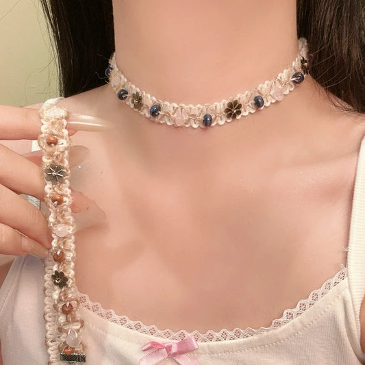 Flax Woven Necklace for Women Bohemian Delicate Flower Colorful Stones Wooden Beads Vintage Short Necklace Wholesale Accessories