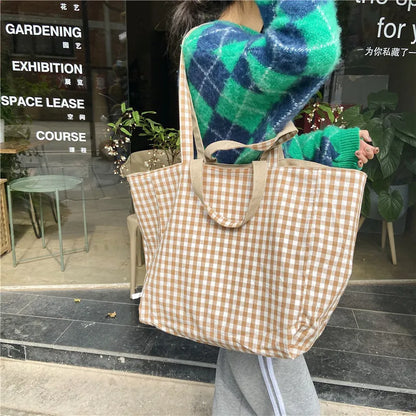 Women Canvas Shoulder Bags Plaid Double-side Large Capacity Handbags Female Shopping Portable Lazy All-match Foldable Tote Bag