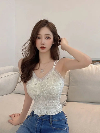 Summer Woman Clothes y2k Tops French Diamond Appliqué Camisole Bottoming Shirt Lace Crop Top Women's Folds Spaghetti Strap Tops