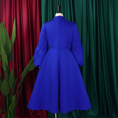 Elegant Dresses for Women Bow Collar Full Sleeve High Waisted A Line Mid Calf Luxury Female Birthday Party Dinner Vestidos Mujer