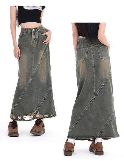 Women Denim Skirt Y2k Emo 2000s Clothes Long Skirt Harajuku Korean 90s Fashion Vintage Gradient A-line Jean Skirt Grunge Clothes