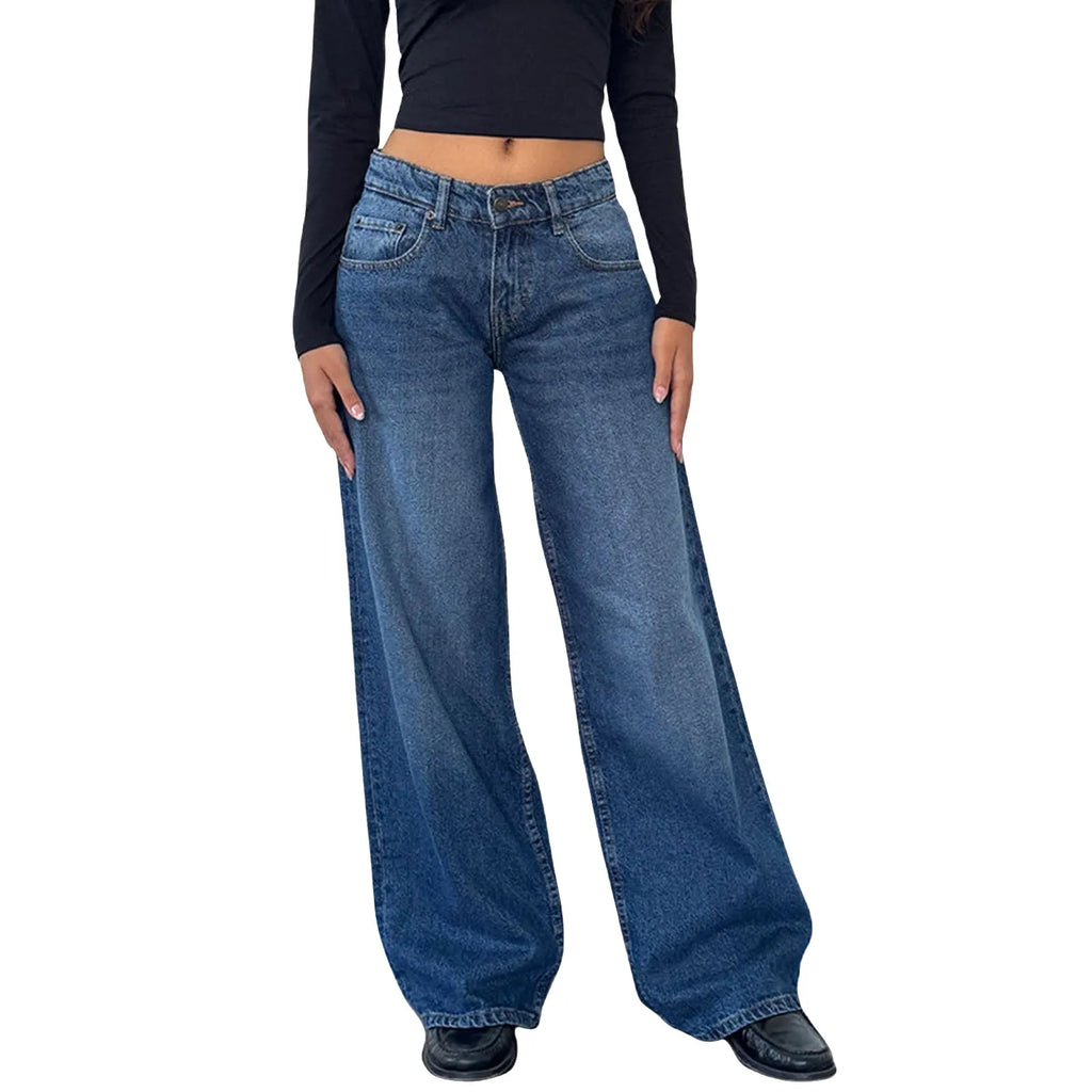 Retro Washed Jeans Women'S Design Sense Mid Waisted Straight-Leg Pants Loose Wide-Leg Mopping Pants Jeans Pants For Woman Jean