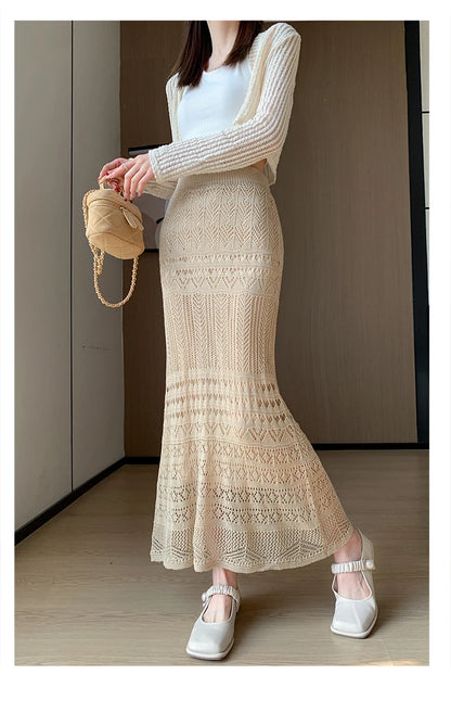 Skirts Women Trumpet High Waist Long Skirt Female Summer Elegant Knitted Hollow Out Fahison Skirt Bottom
