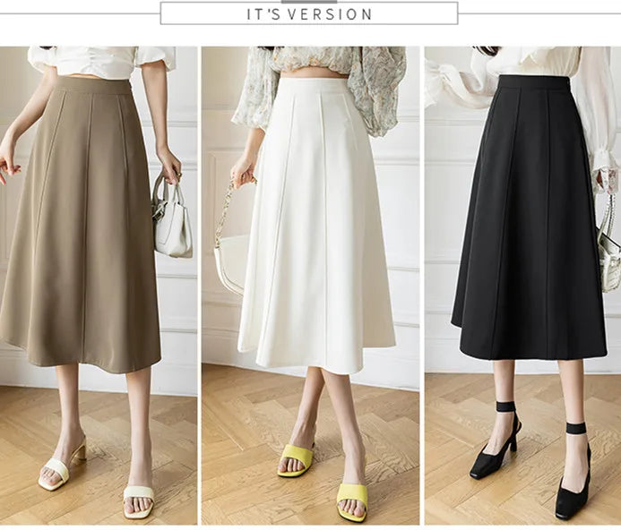 Women's Skirt 2025 Spring Women High Waist Solid Vintage Girl's Waist Down Skirt Knee-length A-line Fashion Thin Skirt for Women