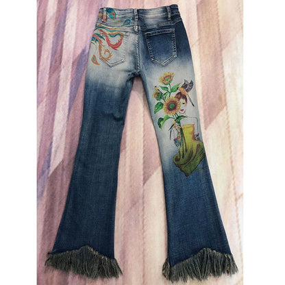 Beaded jeans for women with Rivet and diamond-encrusted casual street fashion cotton slim Flare Pants