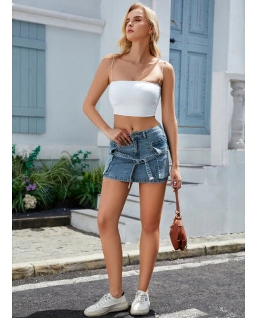 Women Cargo Skirt Denim Mini Low Waist Y2K Jean Skirts with Pockets