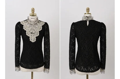 Women T Shirts Vintage Spring Winter Tees Autumn Lace Beads Hole Sexy Tops Warm Blouse Top Casual Full Long Sleeve Shirt