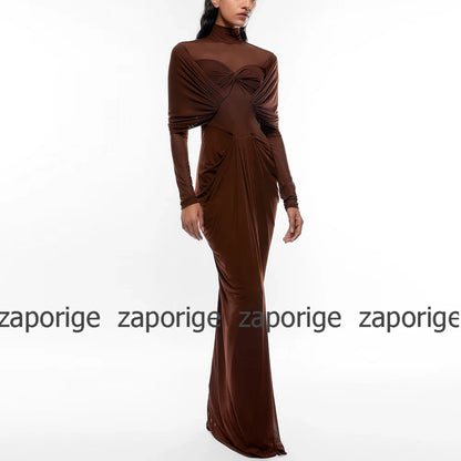 Classic Saudi Women's Evening Dresses Brown Pleat Formal Evening Column&Sheath High Collar Long Dresses 2024