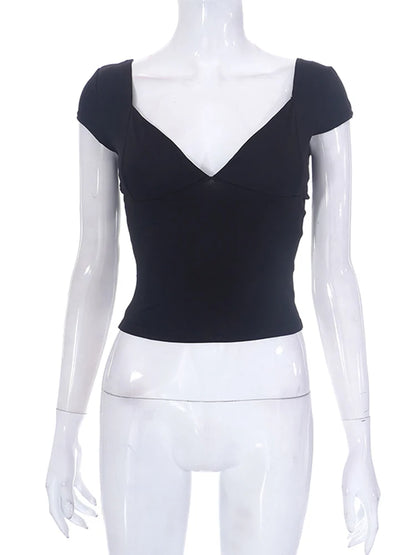 2000s  Tops for Women Fairy Grunge Clothes Sweet Solid Color V Neck Short Sleeve Tanks Aesthetic T Shirt Streetwear