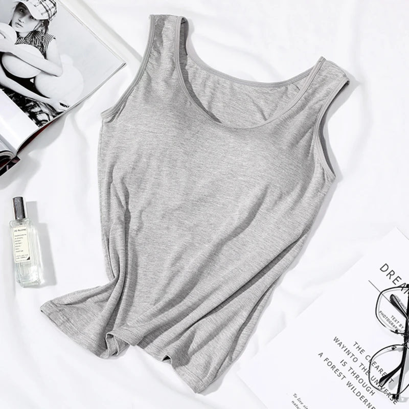 2024 Women's Vest Tops With Built In Bra Neck Vest Padded Slim Fit Tank Tops Sexy Shirts With Chest Pad Feminino Casual