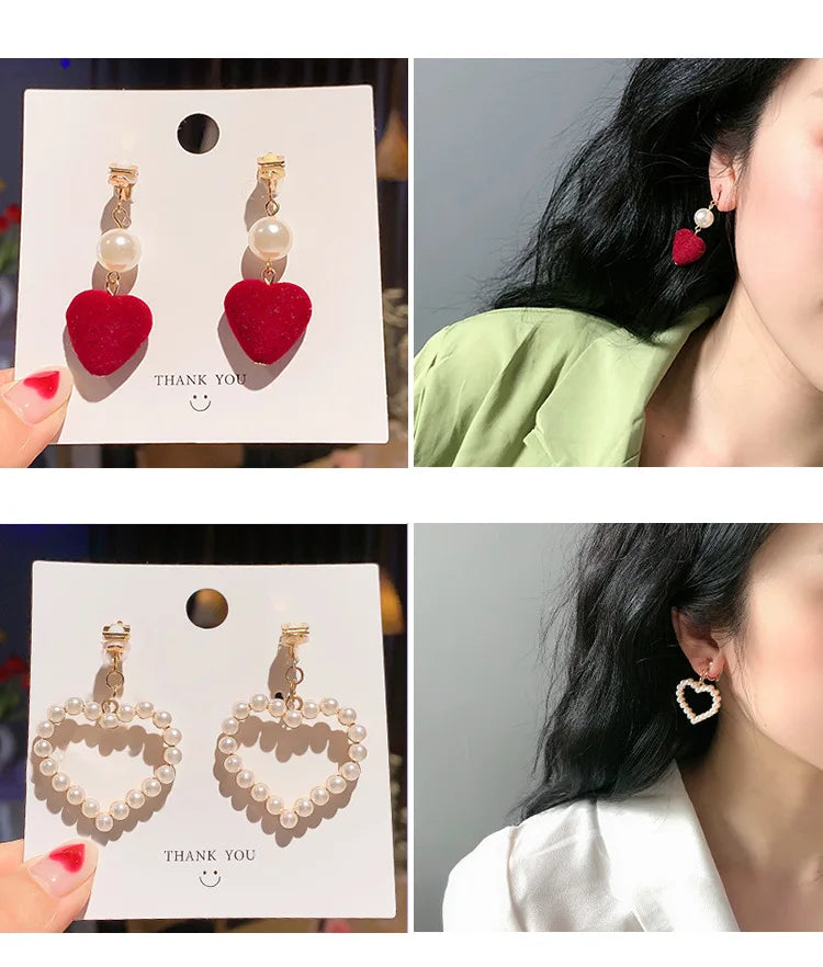 Korean Style Clip on Earrings No Pierced Earrings Women's Party Birthday Fashion Flower Heart Cute Cuff Earrings Ear Clip Gift