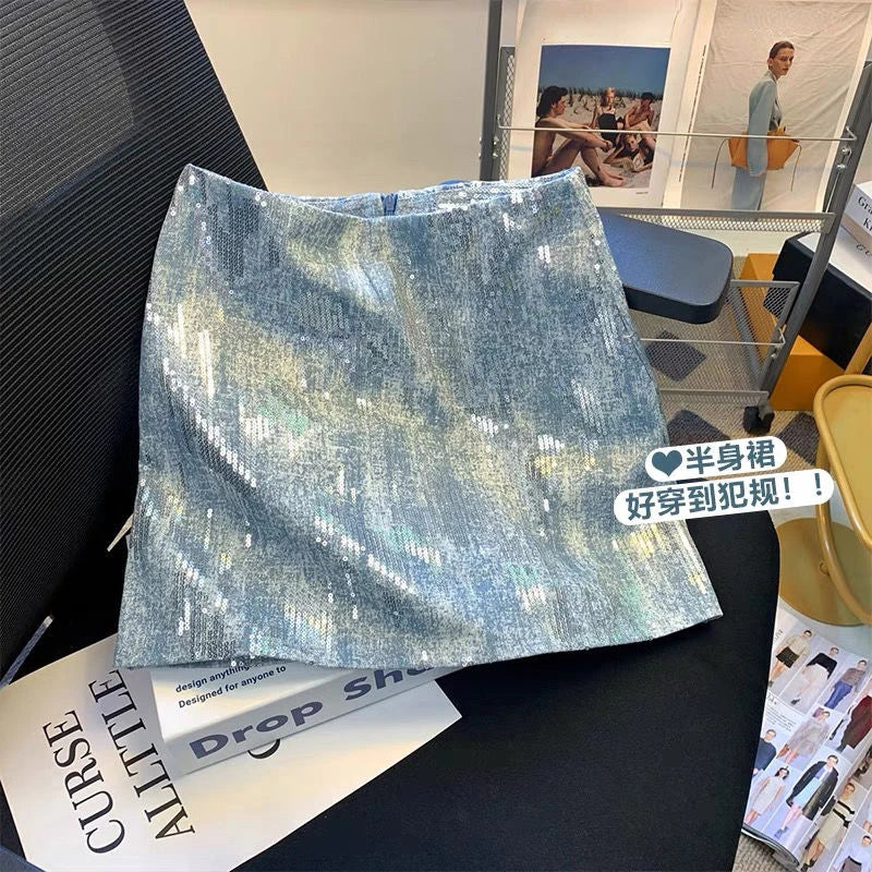 Blue Sequin Denim Skirt Jupe Femme Short Skirts for Women Korean Fashion Faldas Mujer Moda Spring Summer Y2k 2025 Casual High