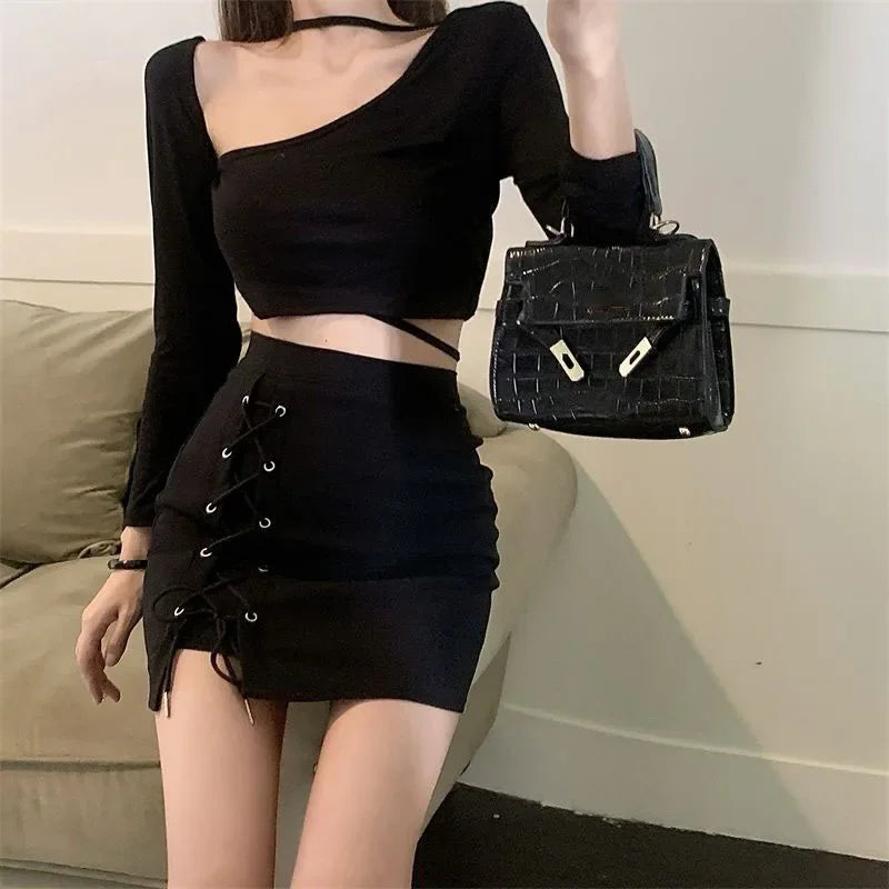 Women Summer Black Skirt Korean Lace Up Skinny Short Skirts High Waist Streetwear Gothic Y2K Bandage Female Skirt New