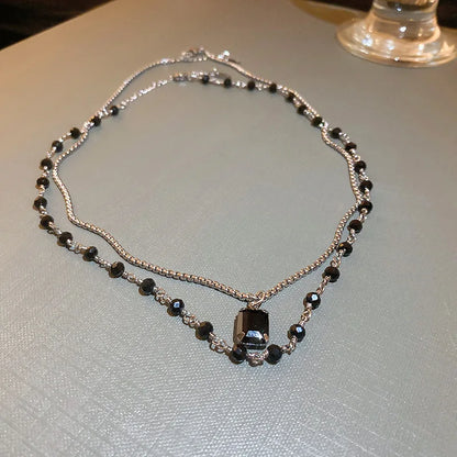 Shiny Black Chokers Necklaces for Women 2022 Trend Double Layer Beaded Chain Geometry Charm Necklace Jewelry