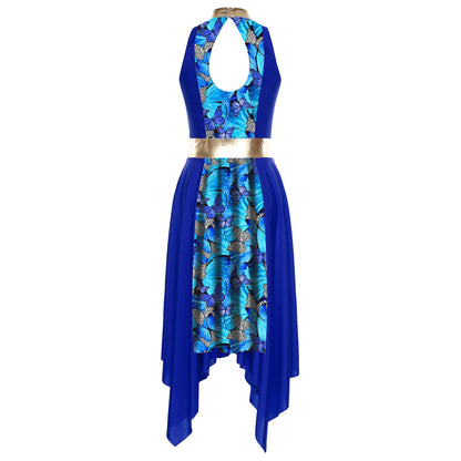 Women Modern Lyrical Dance Dress Church Choir Worship Praise Liturgical Costume Sleeveless Print Irregular Hem Gown Dancewear