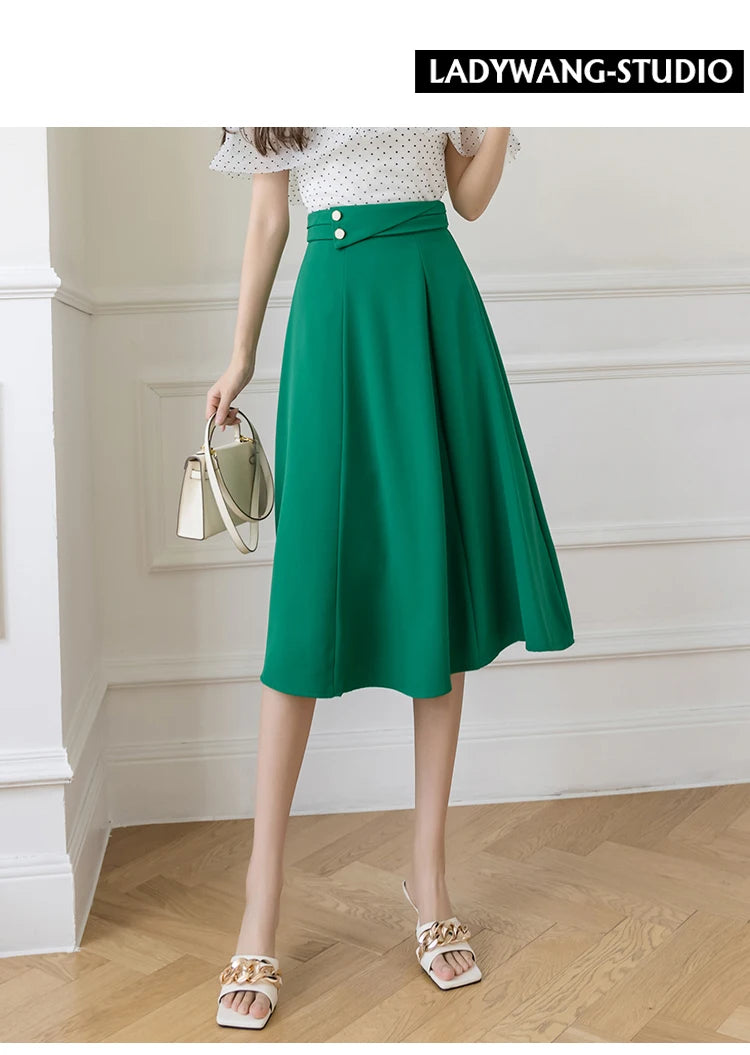 Women's Skirts High Waist Sweet Girl's Mid-calf Skirt Solid Skirts for Women Vintage Long Fashion 2023 Kawaii Summer Women Skirt