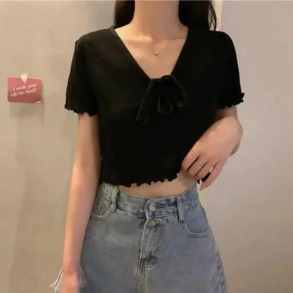Tops Woman Short Sleeve T Shirt for Women V Neck New in Knitwears Plain Sexy Crop Korean Fashion Reviews Clothes Many Polyester