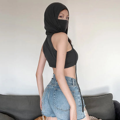 Streetwear Tank Top For Women Clothing Sexy Short Crossover Design Y2k Accessories Mouthpieces Sleeveless Hooded Ropa De Mujer
