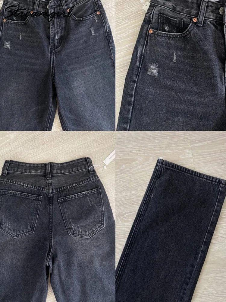 Blue Jeans Women High Waist 2025 Loose Casual Boyfriend Long Jeans For Work Ladies Simple Straight Leg Denim Pants For Women