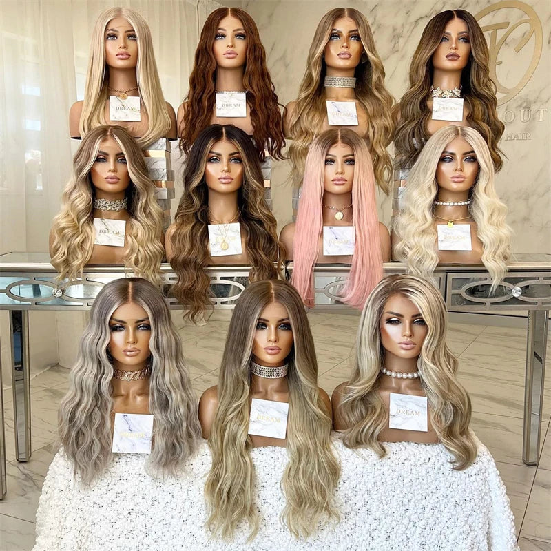 Wig female Ombre Platinum Blonde with Ash Brown Roots Natural Wig Synthetic Fibre Mixed Human Hair Wig Straight Full Wig HD Lace