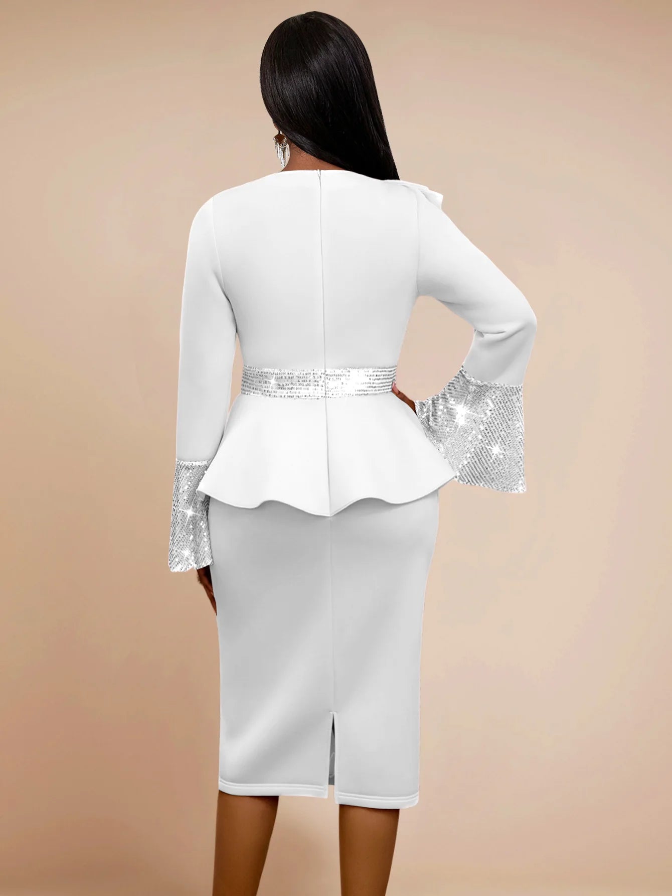 Church Dresses for Women Elegant Ruffles Long Flare Sleeves Sequined Party Bodycon Peplum Classy Occasion African Wedding Guest