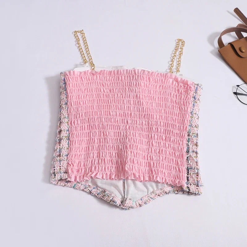 Women Summer Tweed Chain Chic Tank Tops Buttons Off Shoulder with Bra Pad Crop Tops Pleated Sexy Backless Sleeveless Sweet Camis