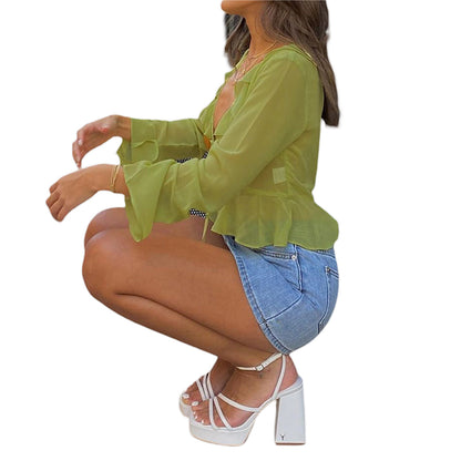 Women Sexy Sheer Crop Tops Pink Long Sleeve Flared Deep V Neck Pleated Hem Tops for Summer Clothing Fairycore Blouse Streetwear