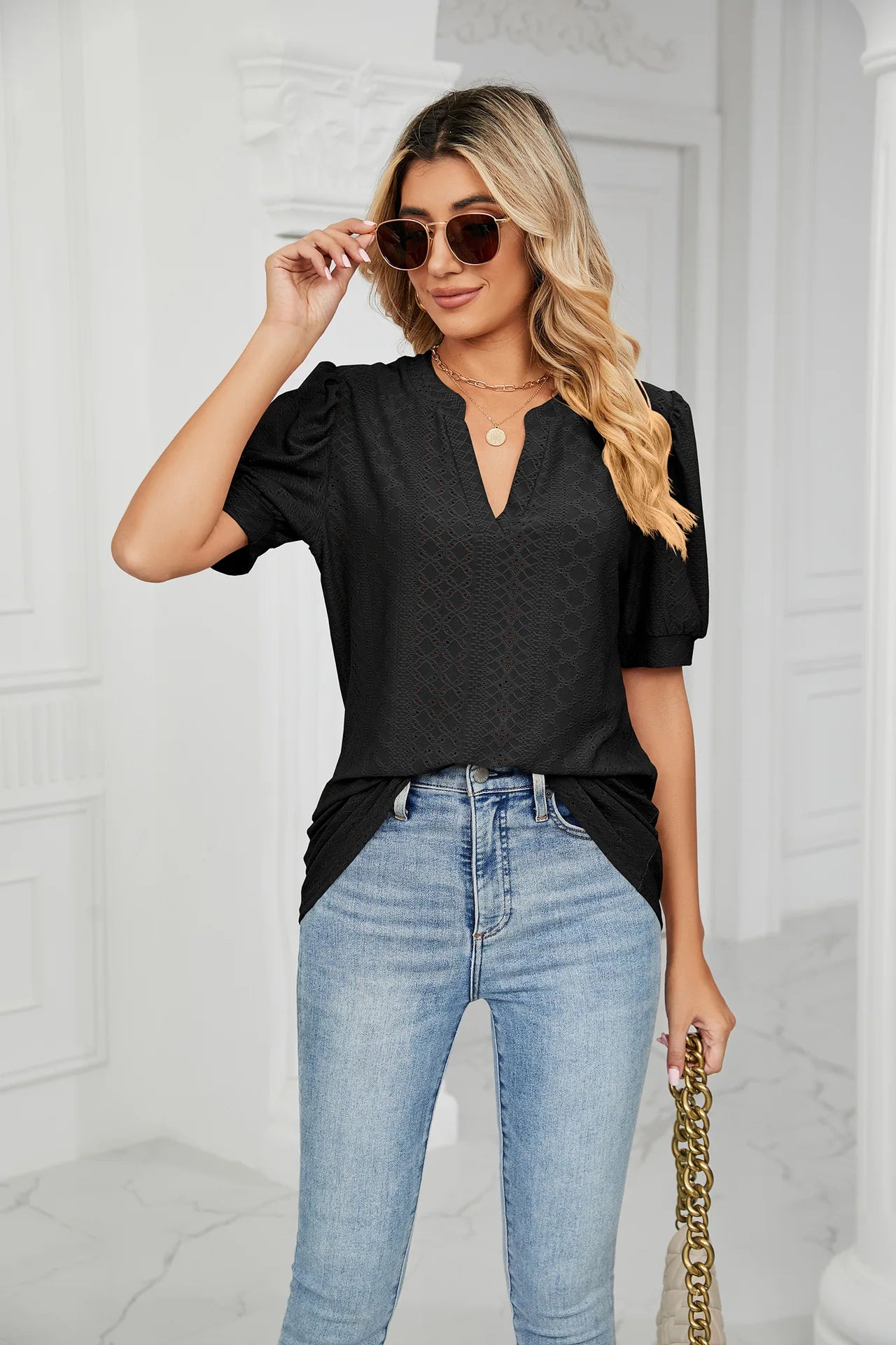 Womens Tops V Neck Ruffle Sleeve Blouses Short Sleeve Casual Tops T-Shirts for Women Autumn Winter