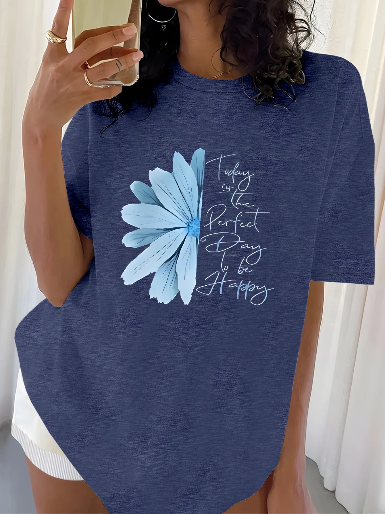 Plus Size Tops Women Clothes Inspirational - style Black T - shirt with Flower Motif Print ，Soft And Comfortable，Summer Outfits