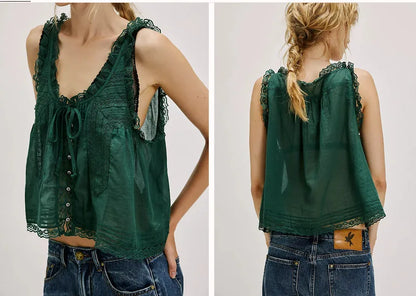 Sleeveless Tank Tops For Women Blouses Summer Boho Beach Wear 100%Cotton Splicing lace Shirts Loose Casual Ladies Blusas Camis