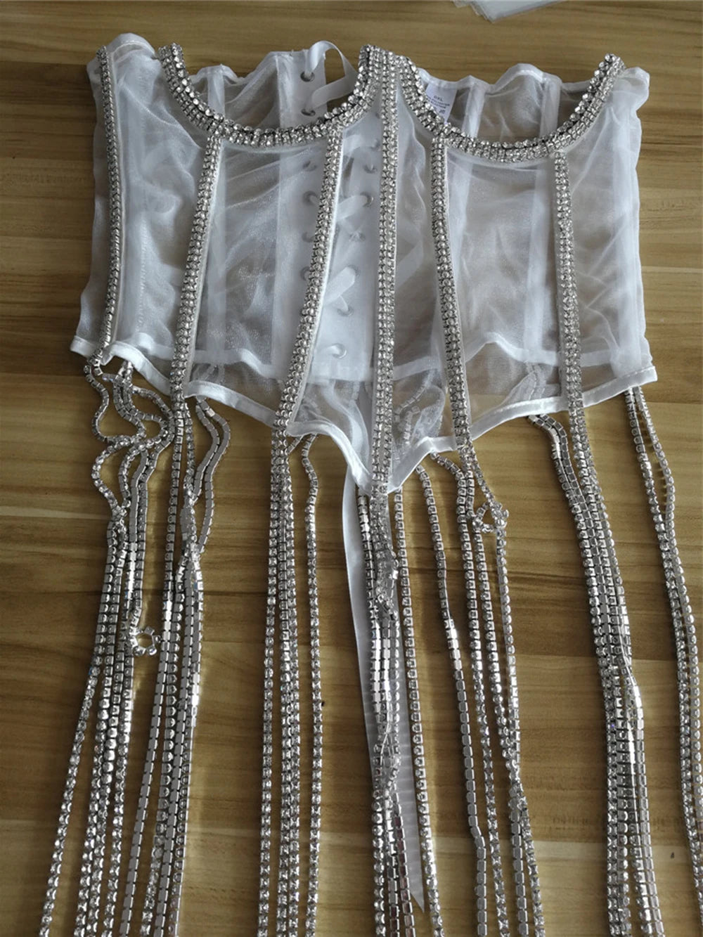 Women Tunic Bras In Waist Corset Tops Fashion Diamond Luxury Diamond Tassel Corset Slim Vest Sexy Tmesh Sheer Top Female 2025