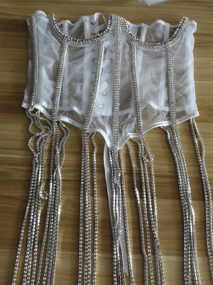 Women Tunic Bras In Waist Corset Tops Fashion Diamond Luxury Diamond Tassel Corset Slim Vest Sexy Tmesh Sheer Top Female 2025