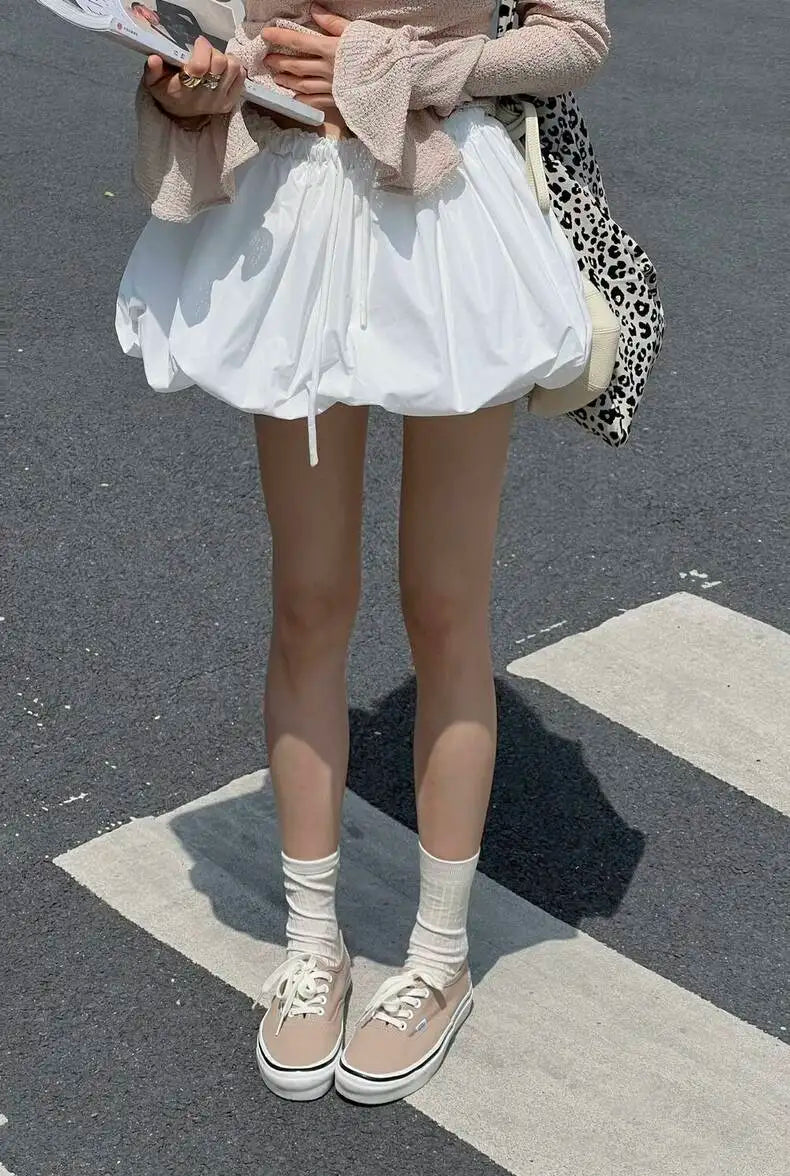 Ropa Skirts for Women 2025 Mini Black White Korean Style Jupe Faldas Mujer Elastic Waist Retro Khaki Drawstring Flower Bud Skirt