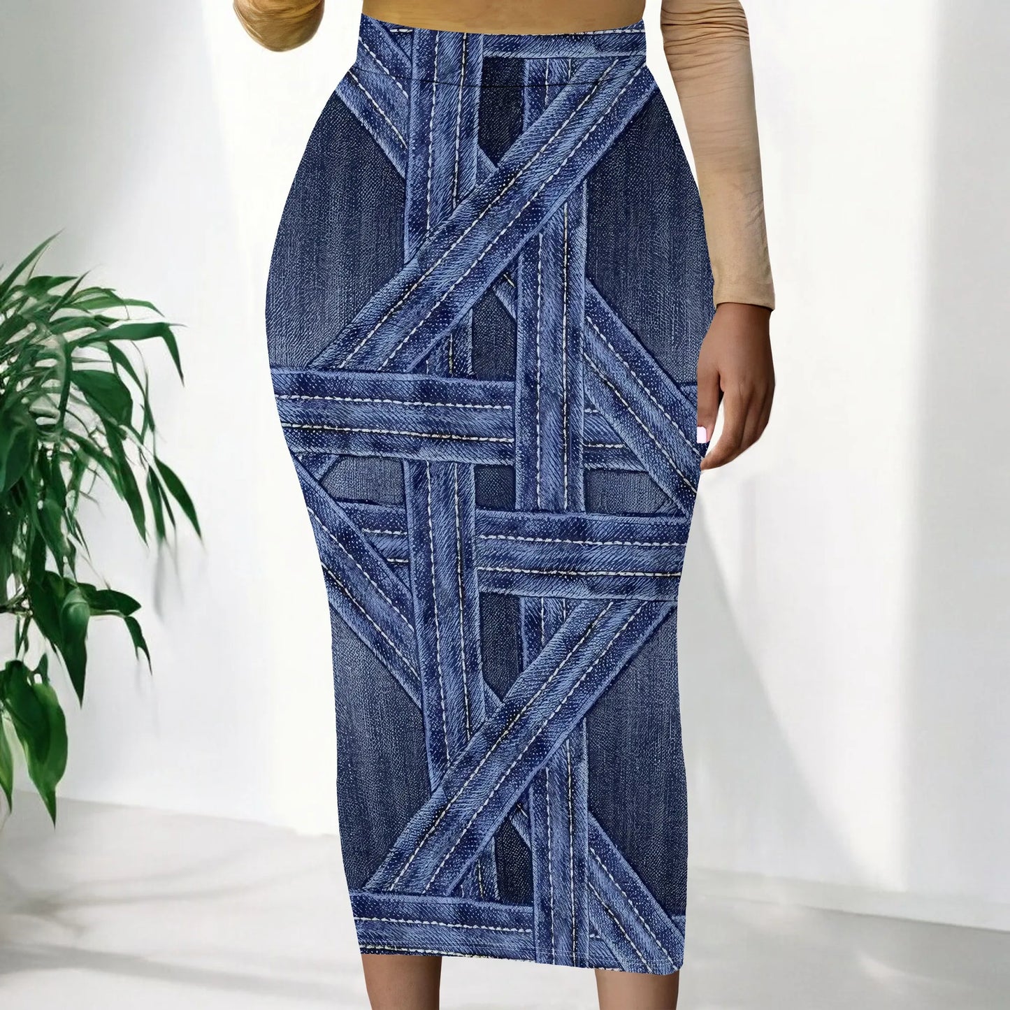 Womens Long Cotton Patchwork Stretch Denim Skirt a Line Flared Jean Maxi Skirt