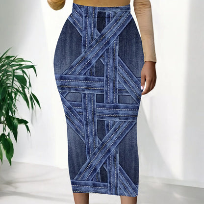 Womens Long Cotton Patchwork Stretch Denim Skirt a Line Flared Jean Maxi Skirt