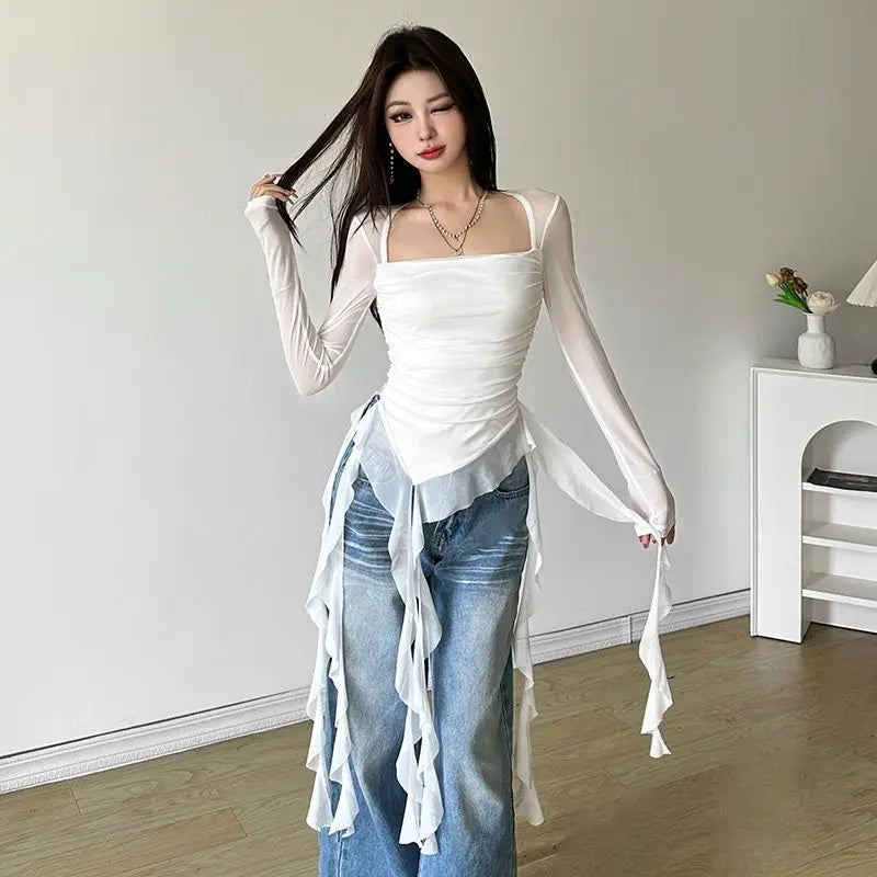 Sexy Women's Tops Fashion White Black Irregular Ribbon T-shirts for Women Long Sleeve Ruffles Slim Punk Tops Female Clothing Y2k