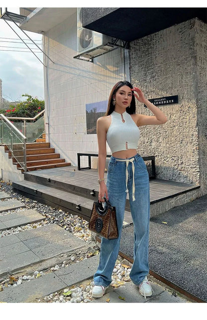Women Y2K Sexy Tank Tops Chic Tops Halter Off Shoulder Crop Top Camis Elastic Slim Solid Knit Sports Solid Tank Tops 2024 Summer