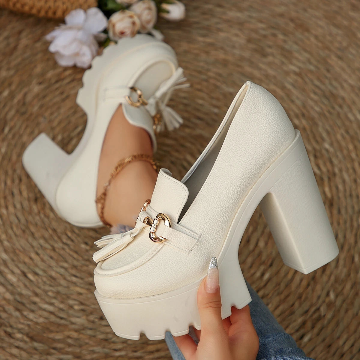 2025 New Women Pumps Fashion Tassels Thick Heeled Party Shoes Gothic Platform Shoes Woman Bowknot Chunky High Heel Pumps Women