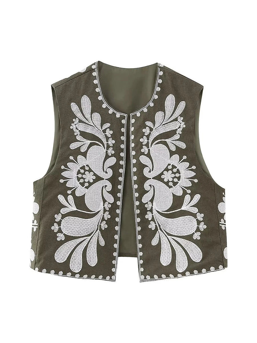 Women Vintage Embroidered Crop Vest Top Y2K Boho Floral Sleeveless Open Front Cardigan Flower Linen Vest Waistcoat Gilet Outwear