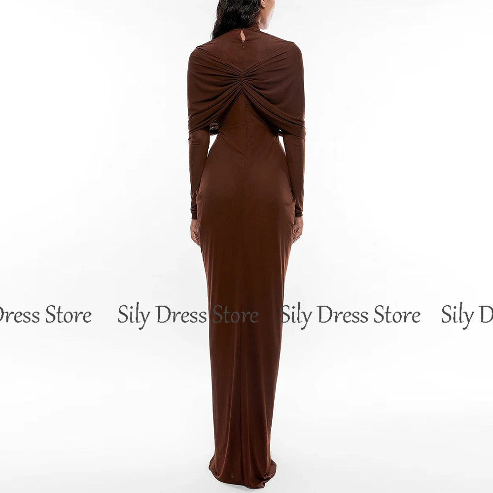 Classic Saudi Women's Evening Dresses Brown Pleat Formal Evening Column&Sheath High Collar Long Dresses 2024