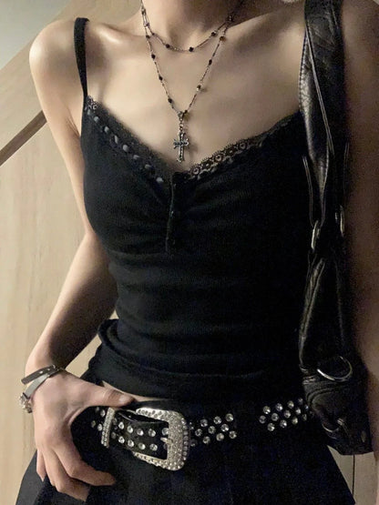 Black Camisoles Women Y2k Tops Hot Girls Sexy Lace Punk Streetwear Fashion Summer Cropped Clothes Slim All-match Lovely Mujer