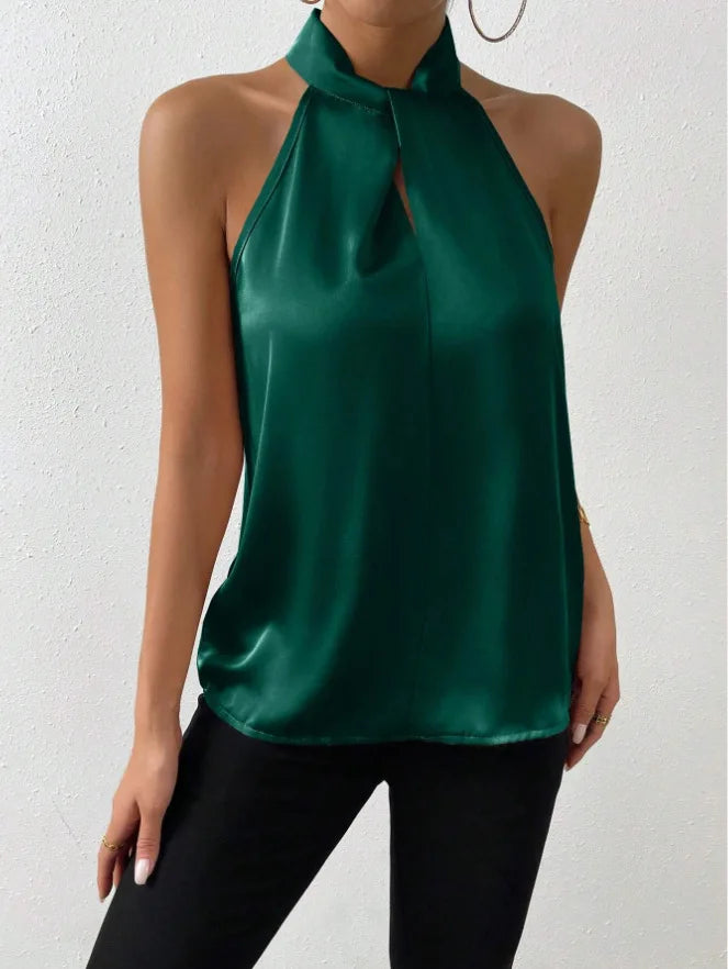 2025 Women's Tanks Top Camis Hanging Neck Strap Design Satin Gloss Loose Sleeveless Blouses Blusas Mujer Moda Black Sexy Shirt