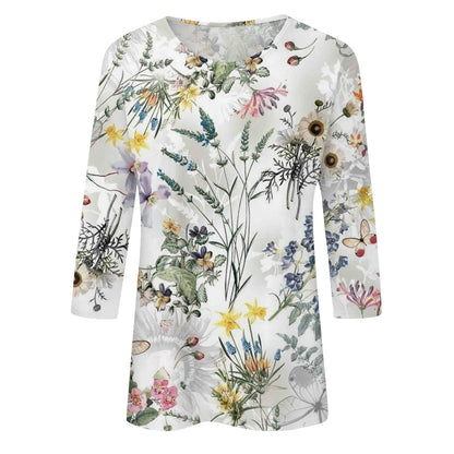 2024 Women Summer Tops Comfortable T Shirt Fashion Flower Print Round Neck 3/4 Sleeve Tops Soft Versatile Pullover Ropa De Mujer